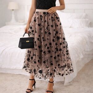 Women Mesh Tulle Floral Midi Skirt High Waist Elegant A Line